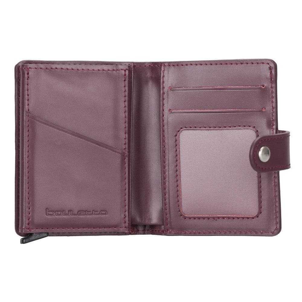 Purple leather wallet with a visible brand logo on a white background