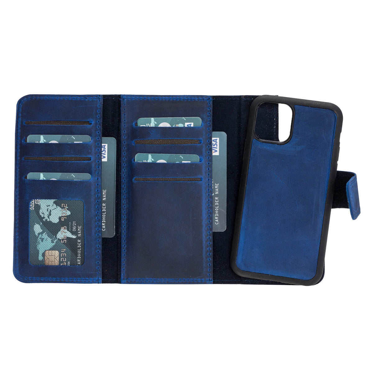 Blue phone case with card slots on a white background