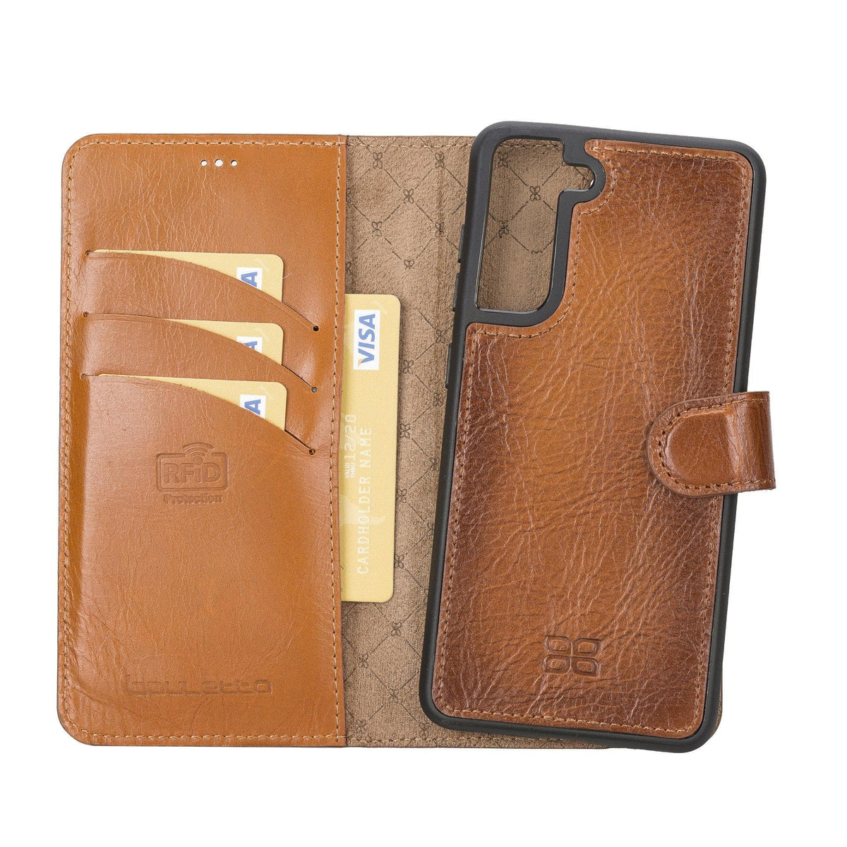 A brown genuine leather detachable wallet case for Samsung Galaxy S21 FE, showing the front card holder and the back cover with the phone case attached.