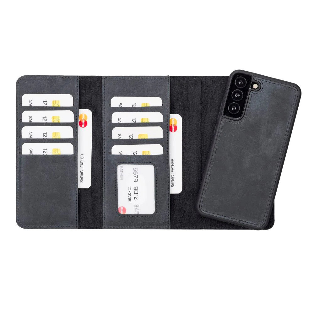 Black phone case with card slots and phone camera area on a white background
