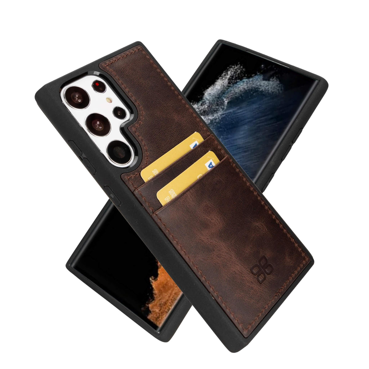 Samsung Galaxy S23 series phone case made of genuine leather, featuring a card holder section and a flexible design.