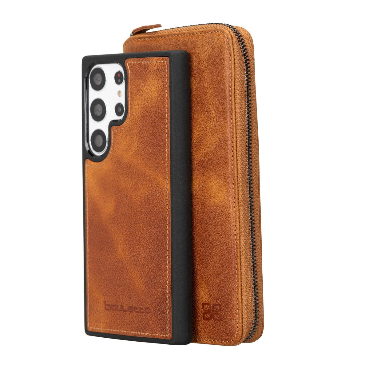A brown, zippered leather wallet case for the Samsung Galaxy S23 series smartphones. The case is shown with the phone exposed and with the phone case attached, showcasing the card holder section.