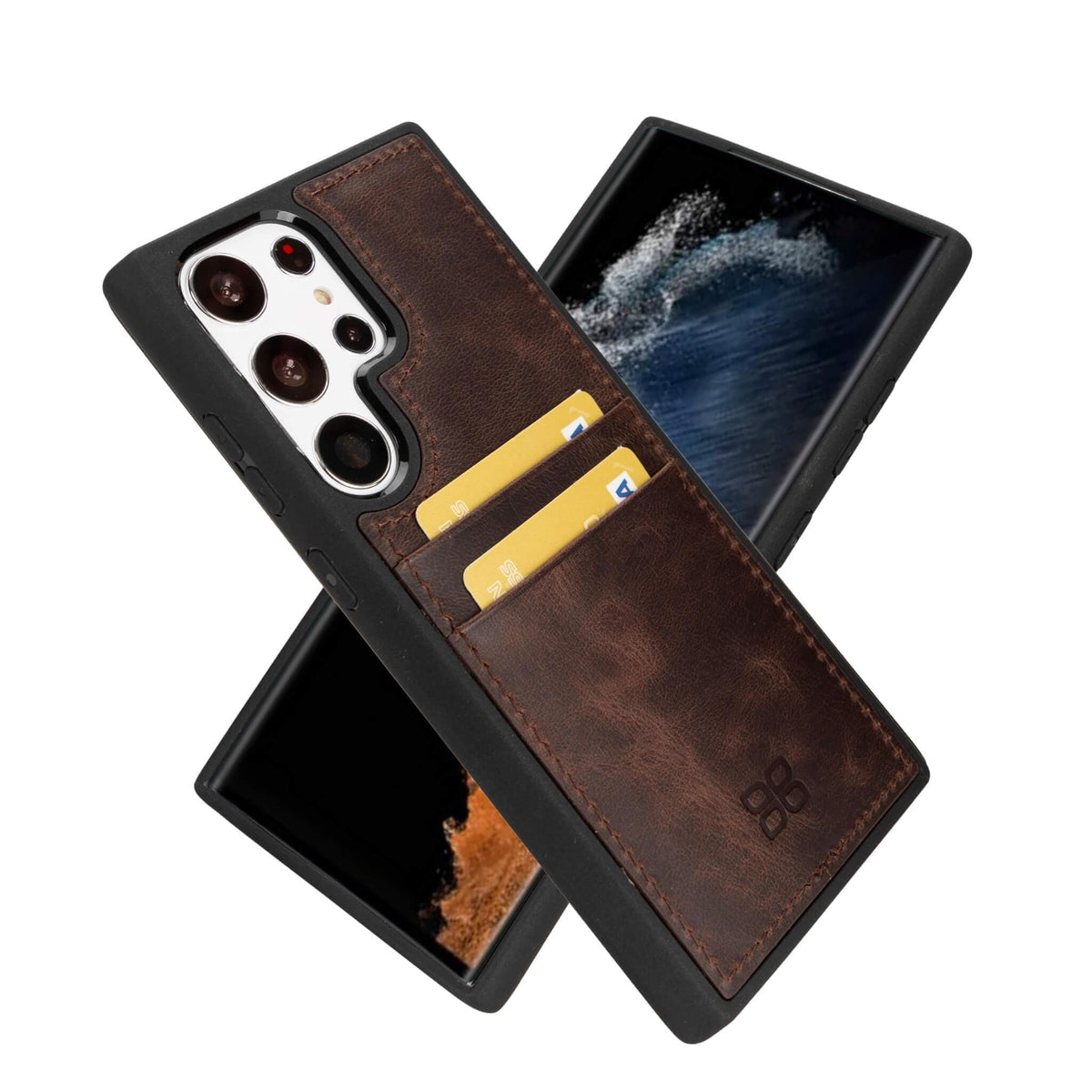 A brown genuine leather back cover with card holder for Samsung Galaxy S24, displayed in an crossed position showing both sides.
