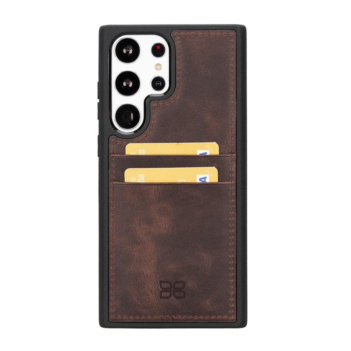 A brown genuine leather back cover with card holder for Samsung Galaxy S24, displayed in an crossed position showing both sides.