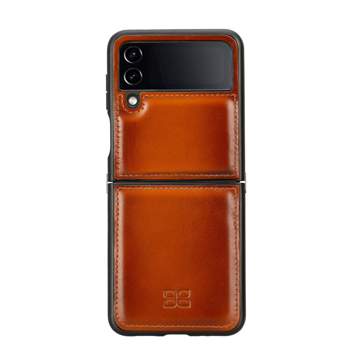 A brown genuine leather back cover case for the Samsung Galaxy Z Flip 4 smartphone.
