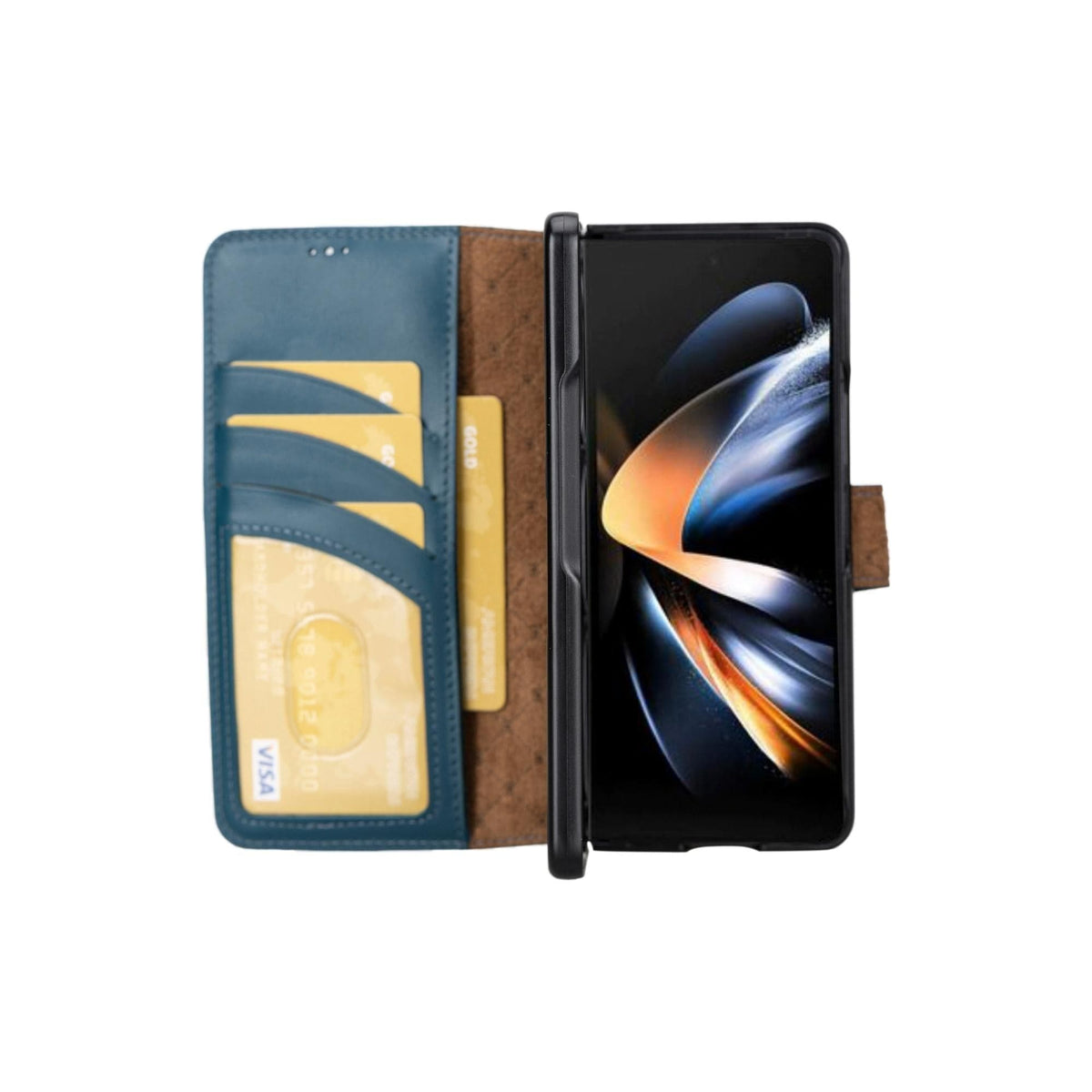 A blue Samsung Galaxy Z Fold 5 genuine leather wallet case opened to show the interior with card slots.