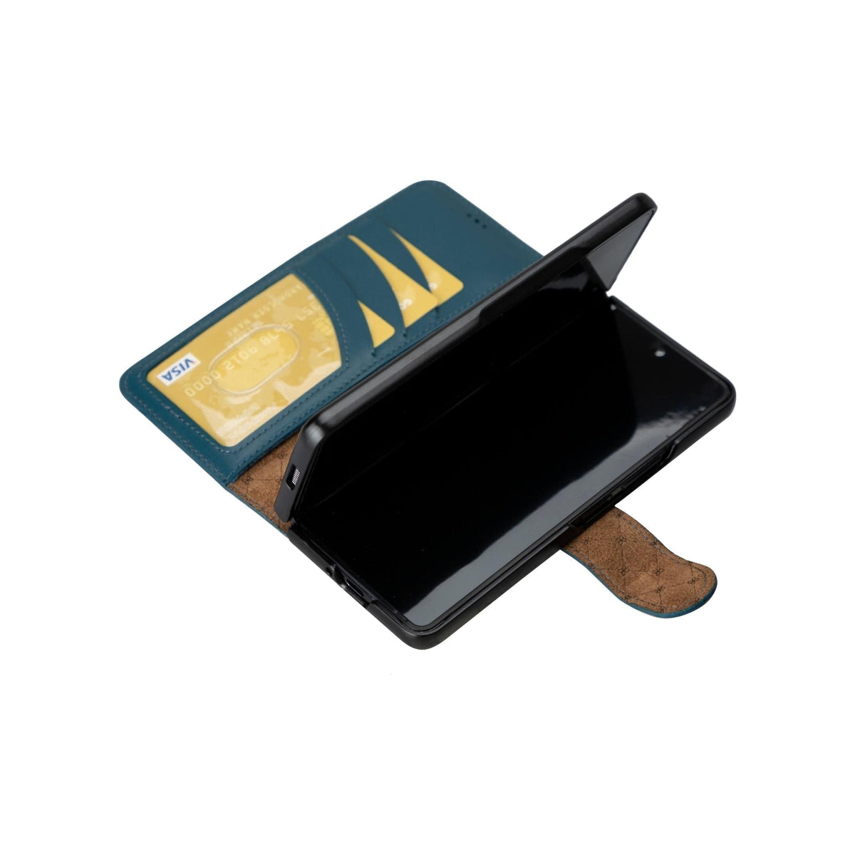 A blue Samsung Galaxy Z Fold 5 genuine leather wallet case opened to show the interior with card slots.