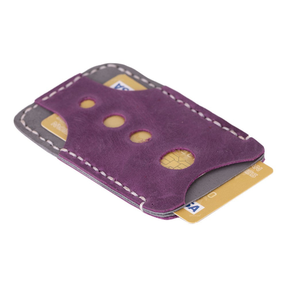 Purple card holder with multiple cards on a white background