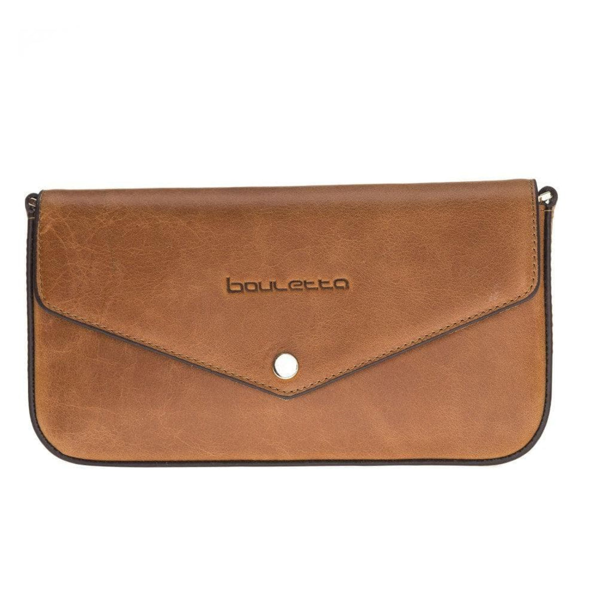 A brown genuine leather women's clutch bag with the brand name 'bouletta' embossed on the front.