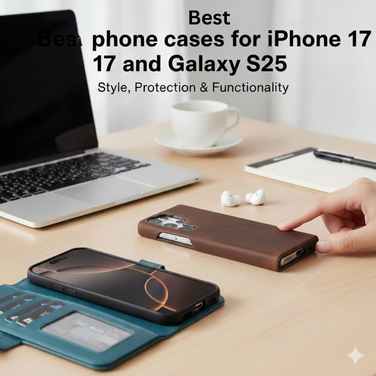 Top view of stylish iPhone 17 and Galaxy S25 phone cases on an office desk with a laptop and coffee cup, featuring floral, marble, and textured yellow designs