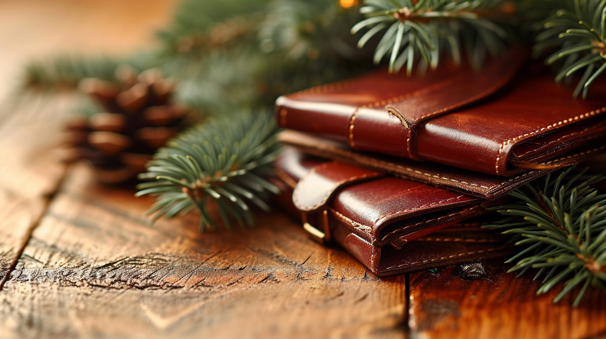 Brown leather wallets arranged with fir branches and pine cones on a rustic wooden Christmas table