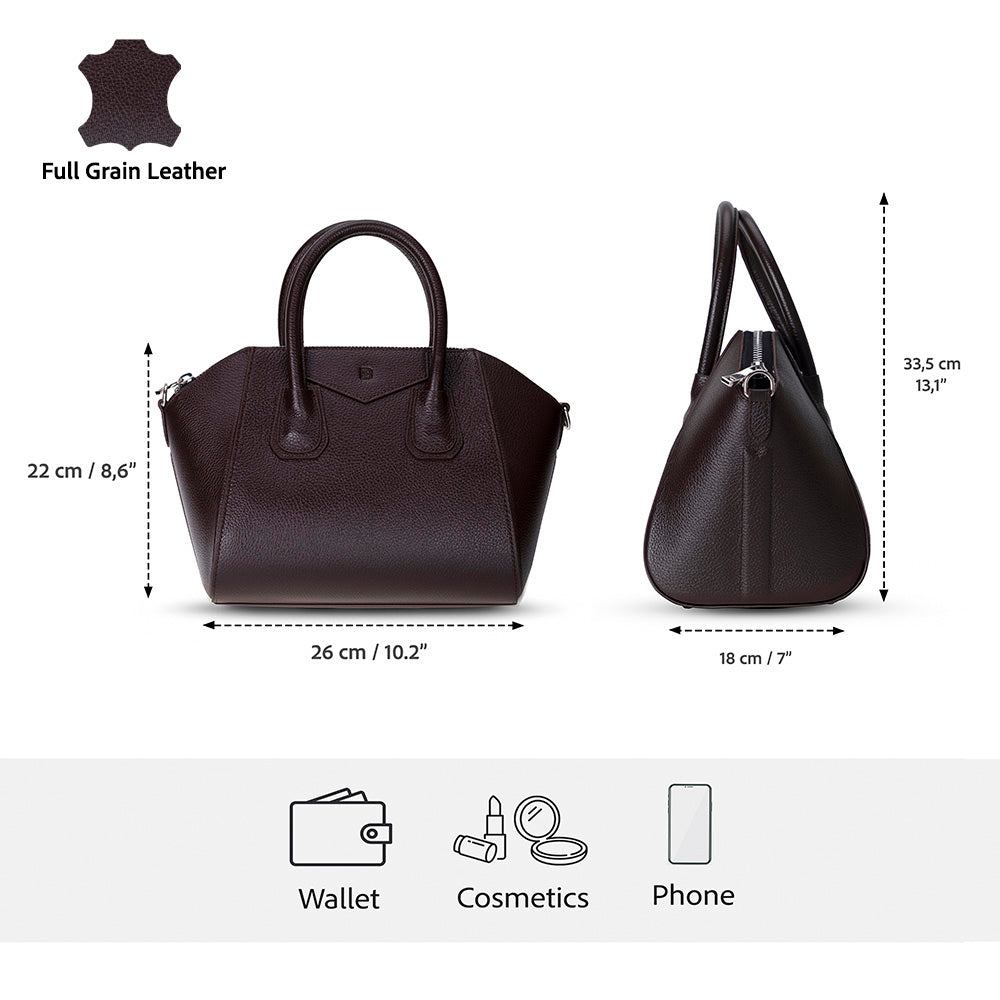 Black leather handbag with dimensions and item capacity icons on a white background