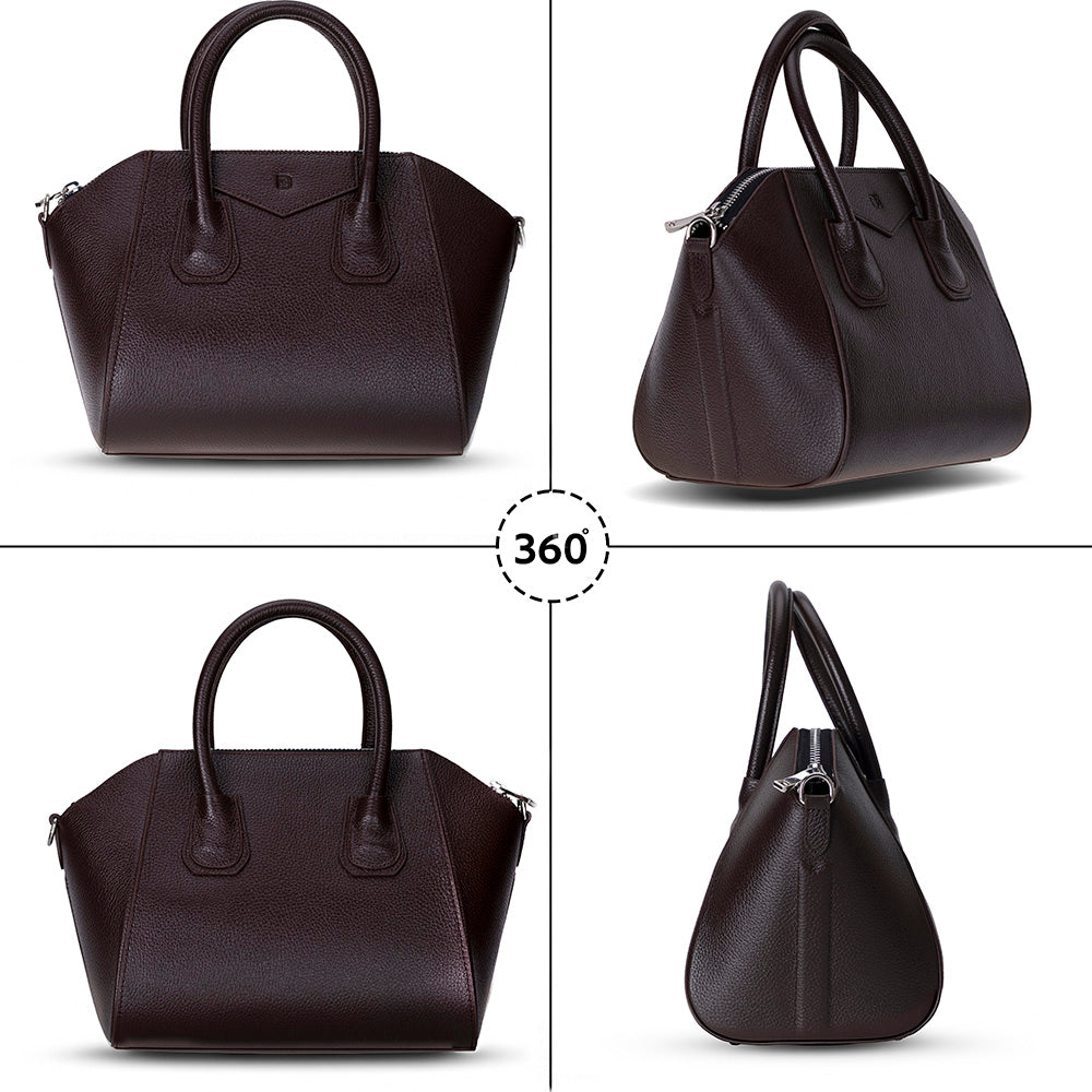 Brown handbag shown from multiple angles on a white background