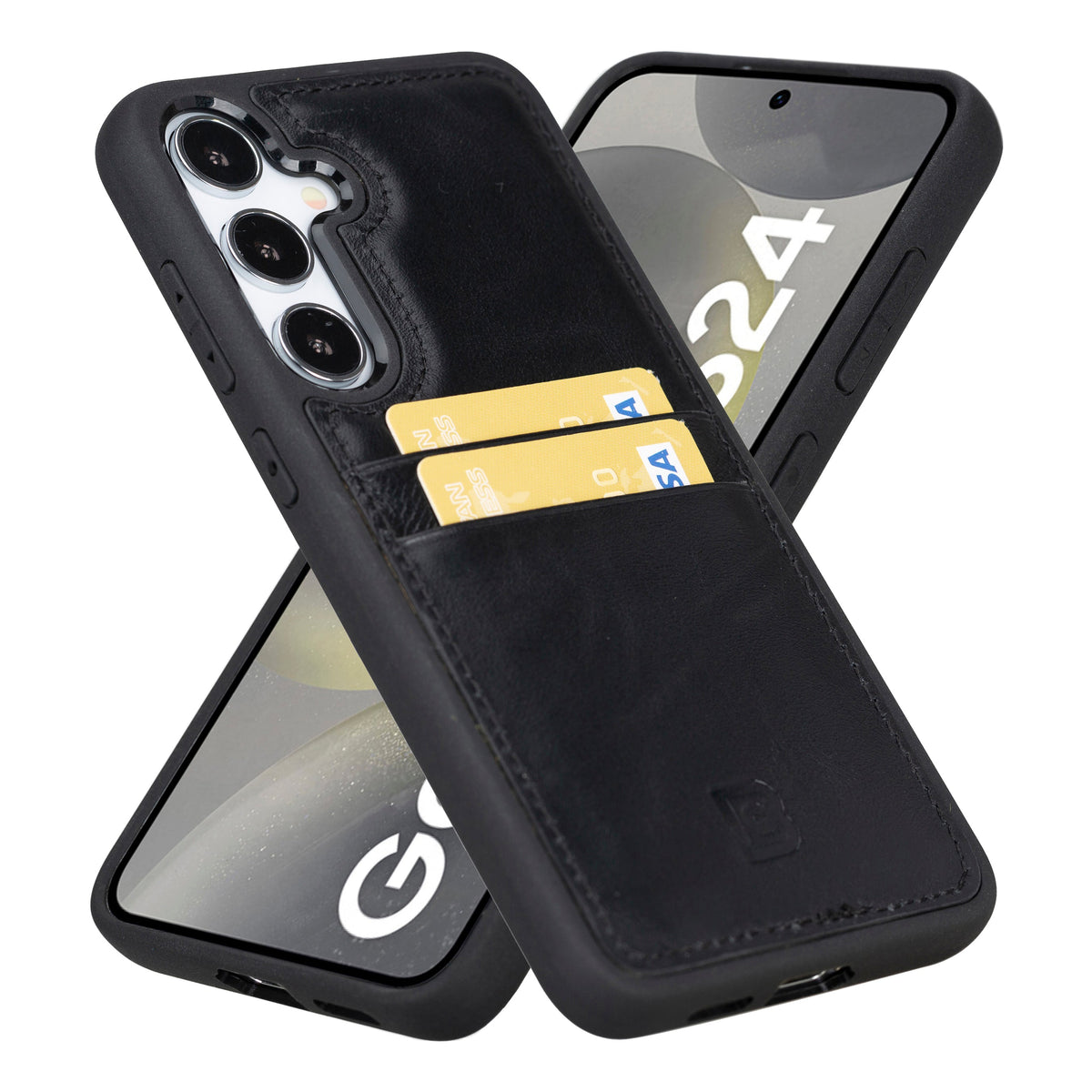 A hand holding a brown Samsung Galaxy S25 Plus phone case with a leather exterior and dual card slots visible.