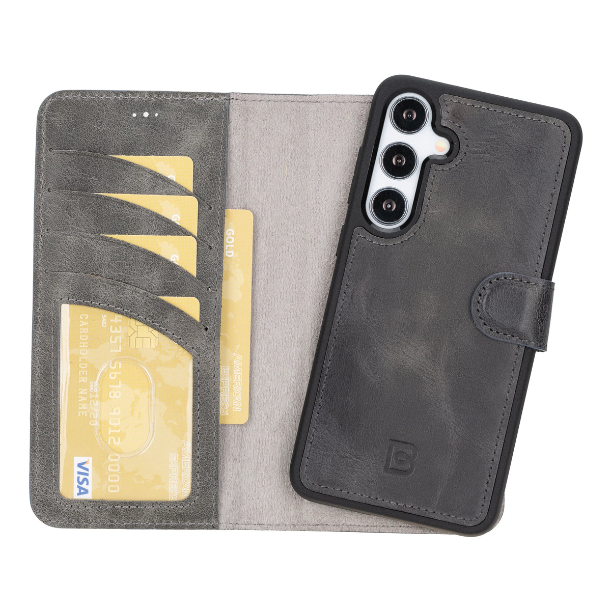 Phone case with card slots and phone attachment on a white background