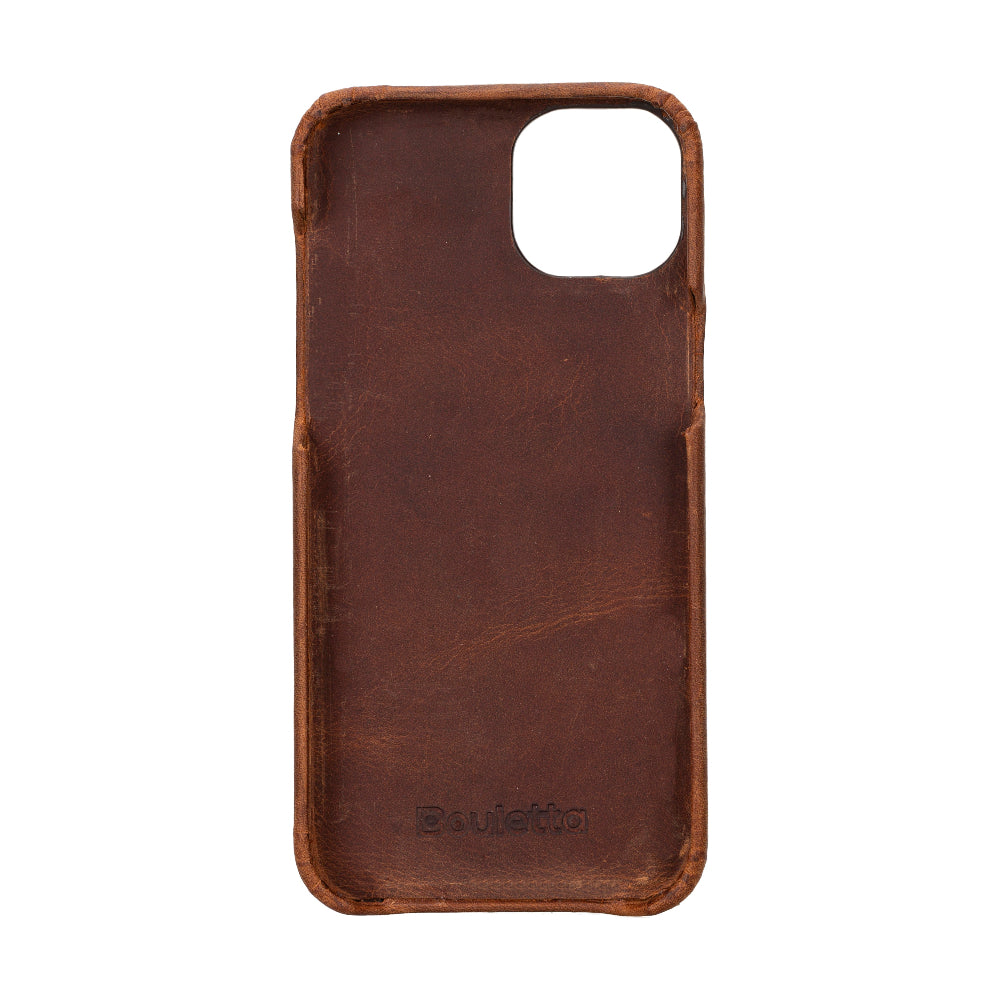 Brown leather phone case with 'euiletto' branding on a white background