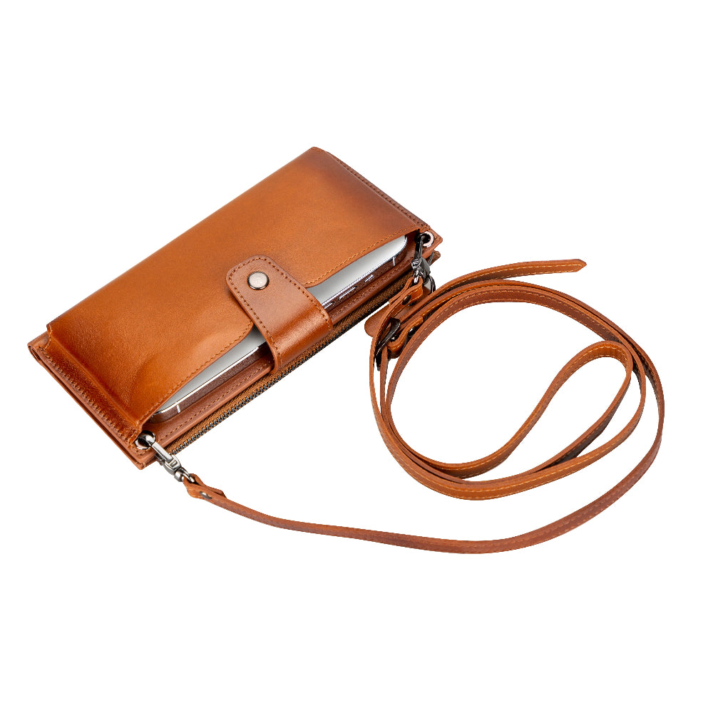 Brown leather wallet with a strap on a white background