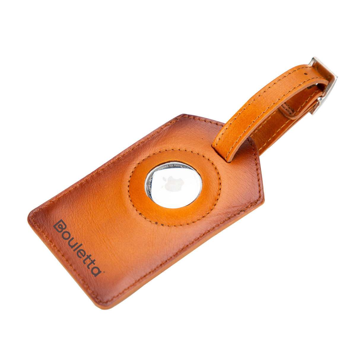 A black leather luggage tag with a loop for AirTag technology and a brand name 'Bouletta' embossed on it.