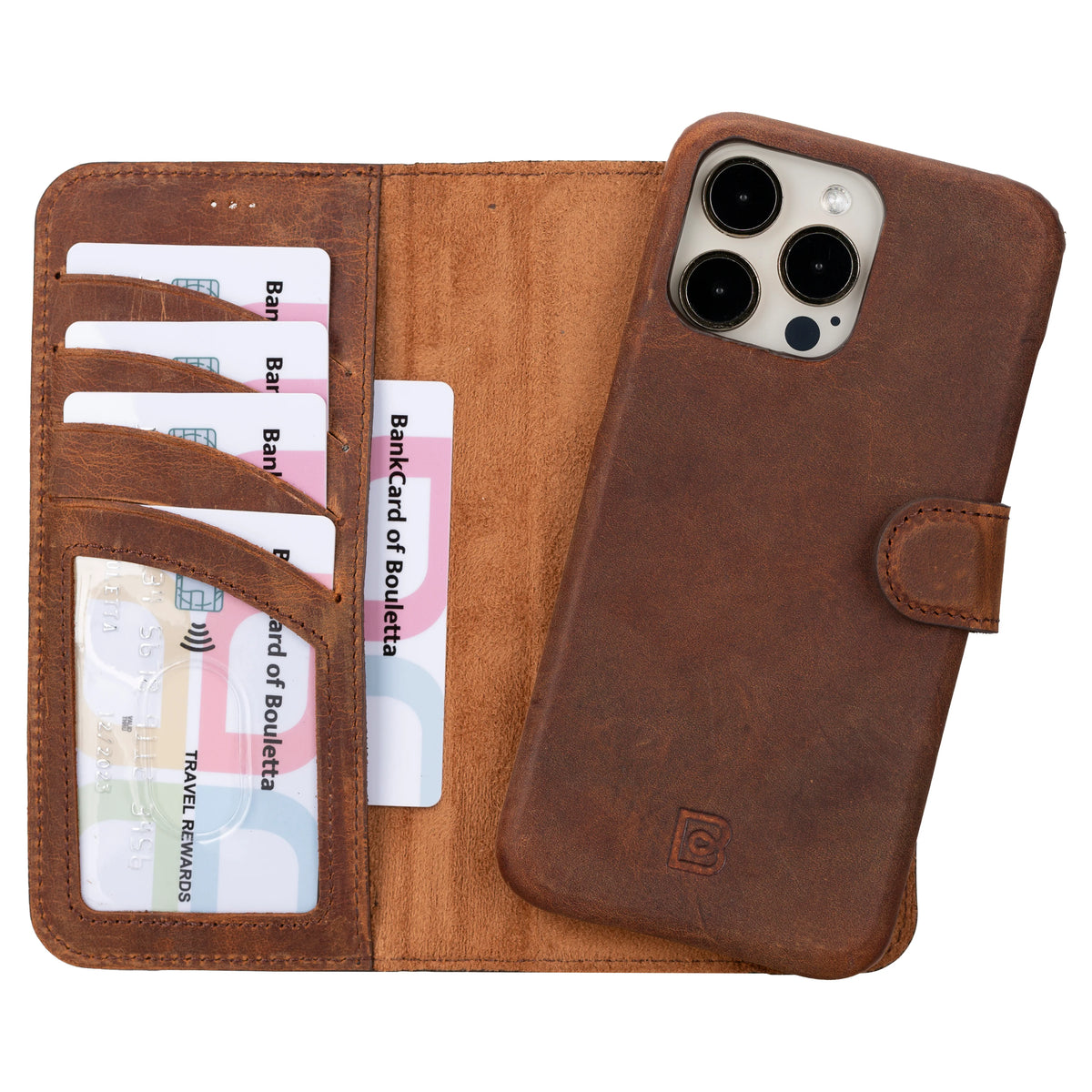 Brown leather iphone 16 pro max case with card slots on a white background