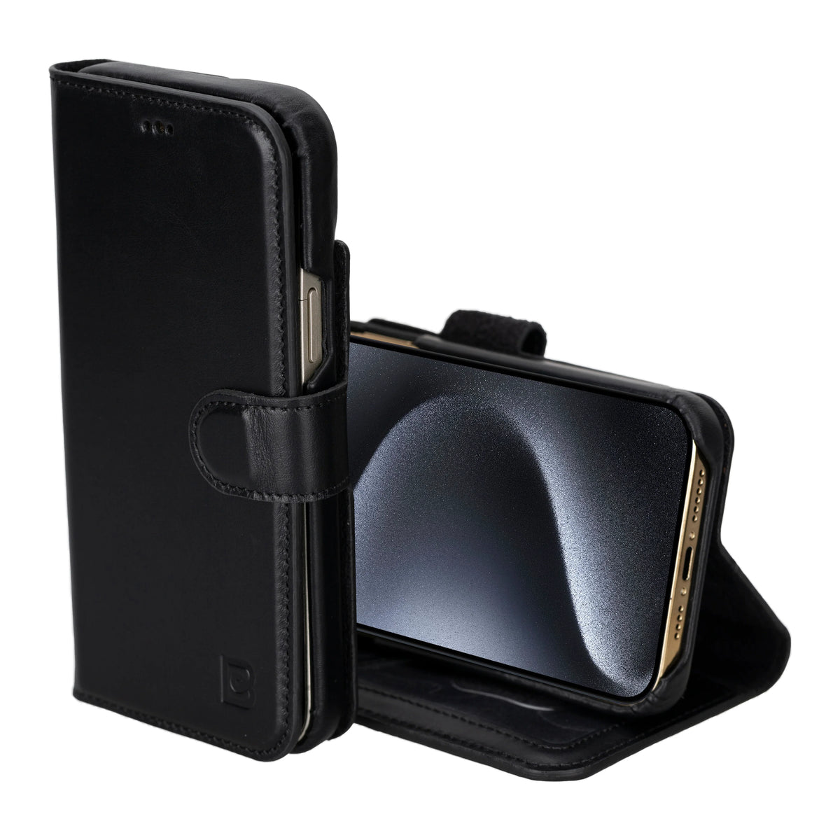 Black folio phone case shown closed and open with a smartphone inserted, on a clean white background. The case has a faux-leather or leather-look finish, a strap closure, and a kickstand function.