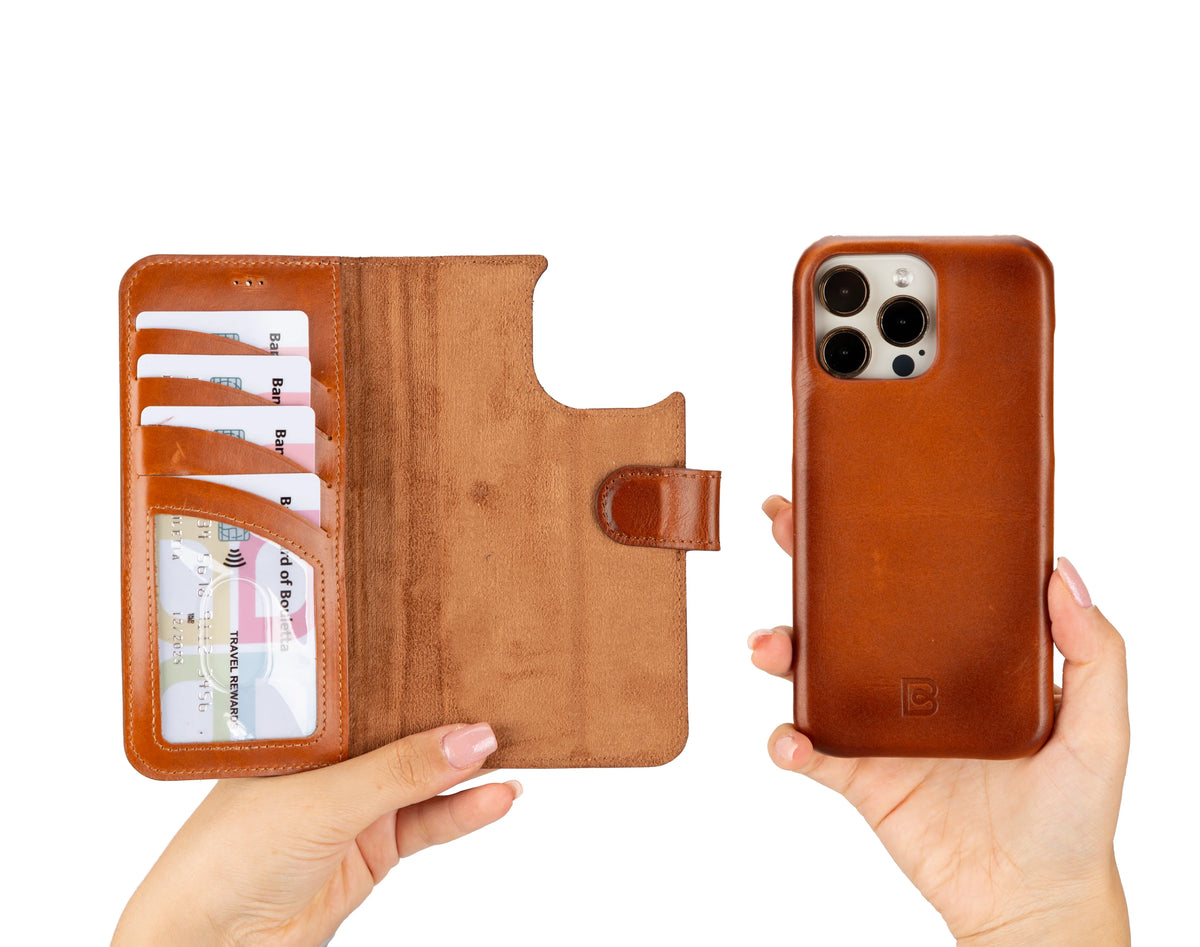 A person's hands holding an open brown leather wallet phone case next to a matching brown leather phone case on a white background.