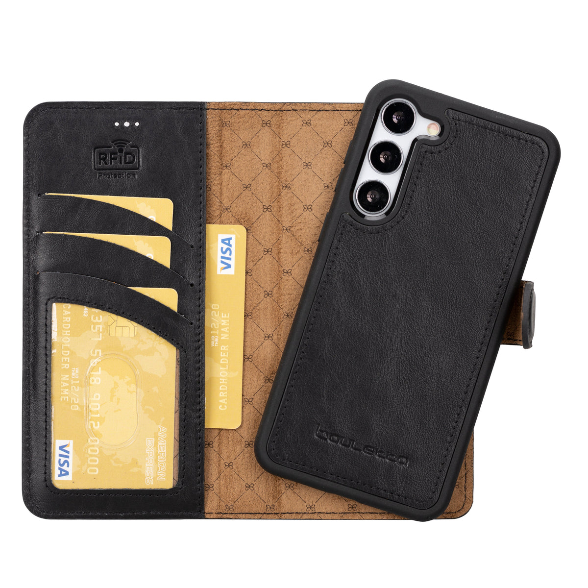 Samsung Galaxy S25 smartphone in black color with a detachable black leather wallet case featuring card slots and RFID protection.