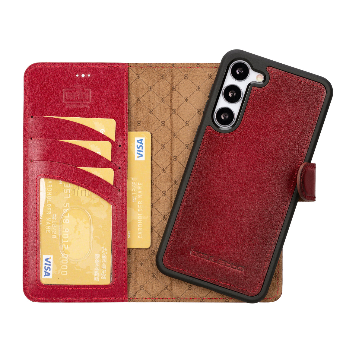 Samsung Galaxy S25 smartphone in black color with a detachable black leather wallet case featuring card slots and RFID protection.