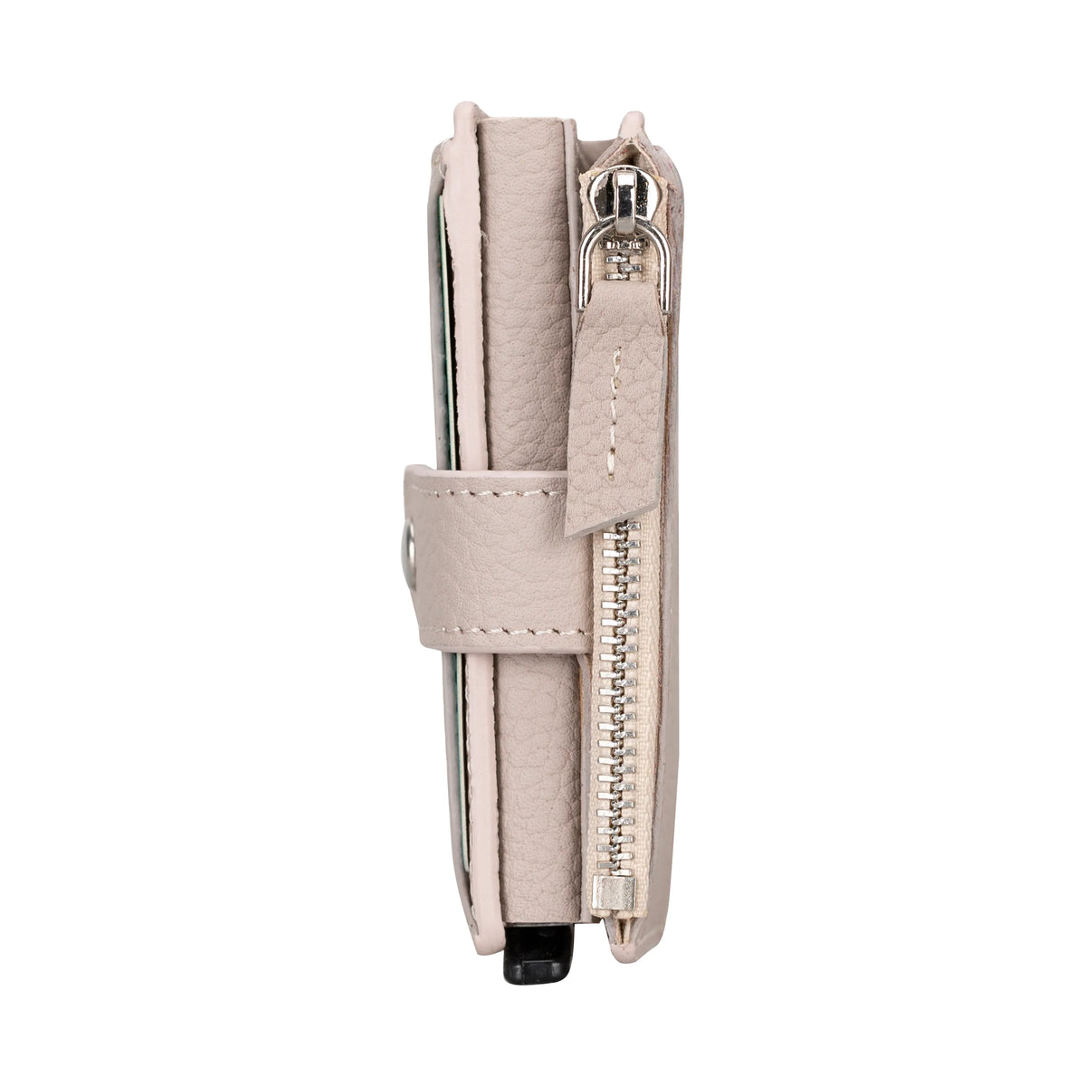Beige zippered pouch with a black pen on a white background