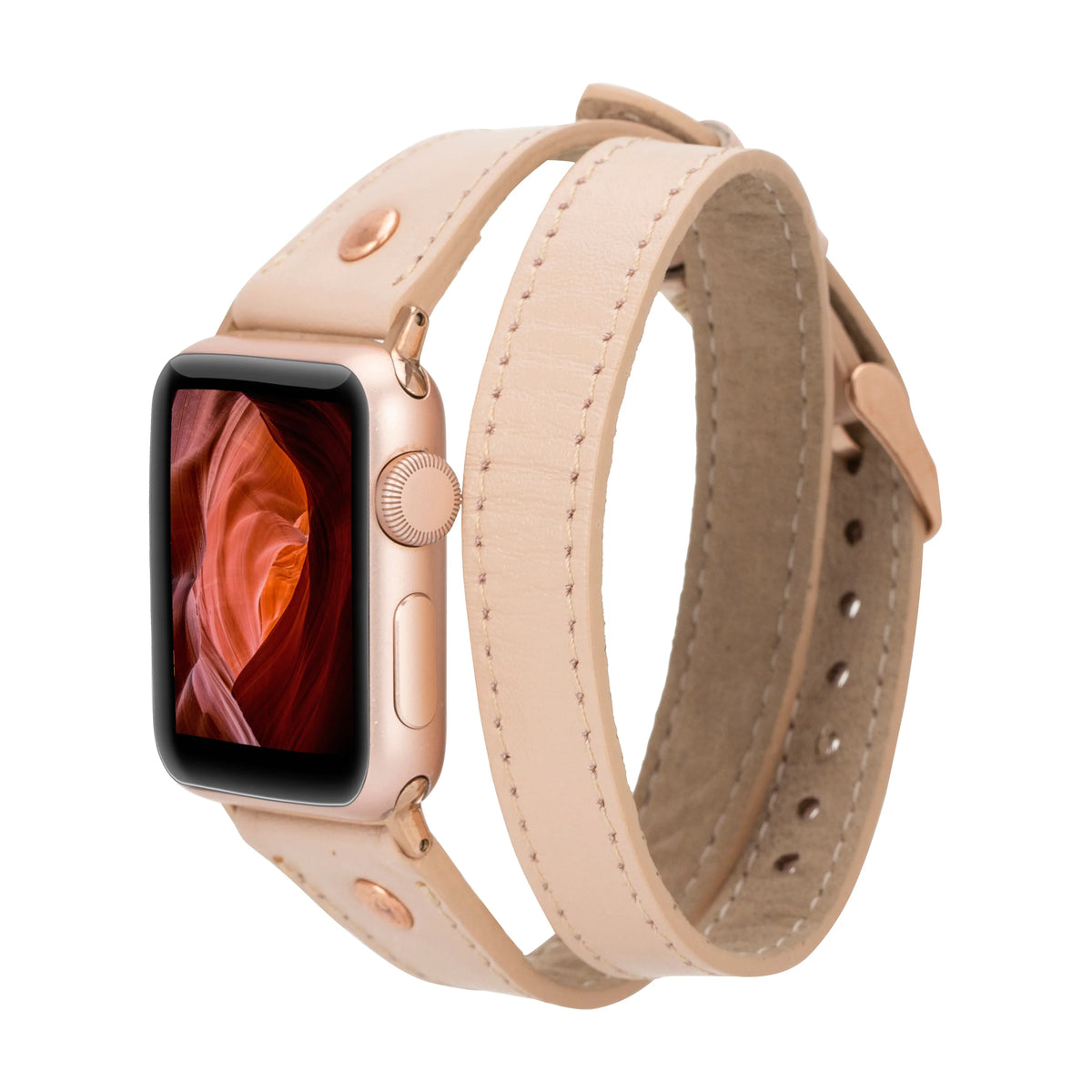 Smartwatch with a beige leather strap on a white background