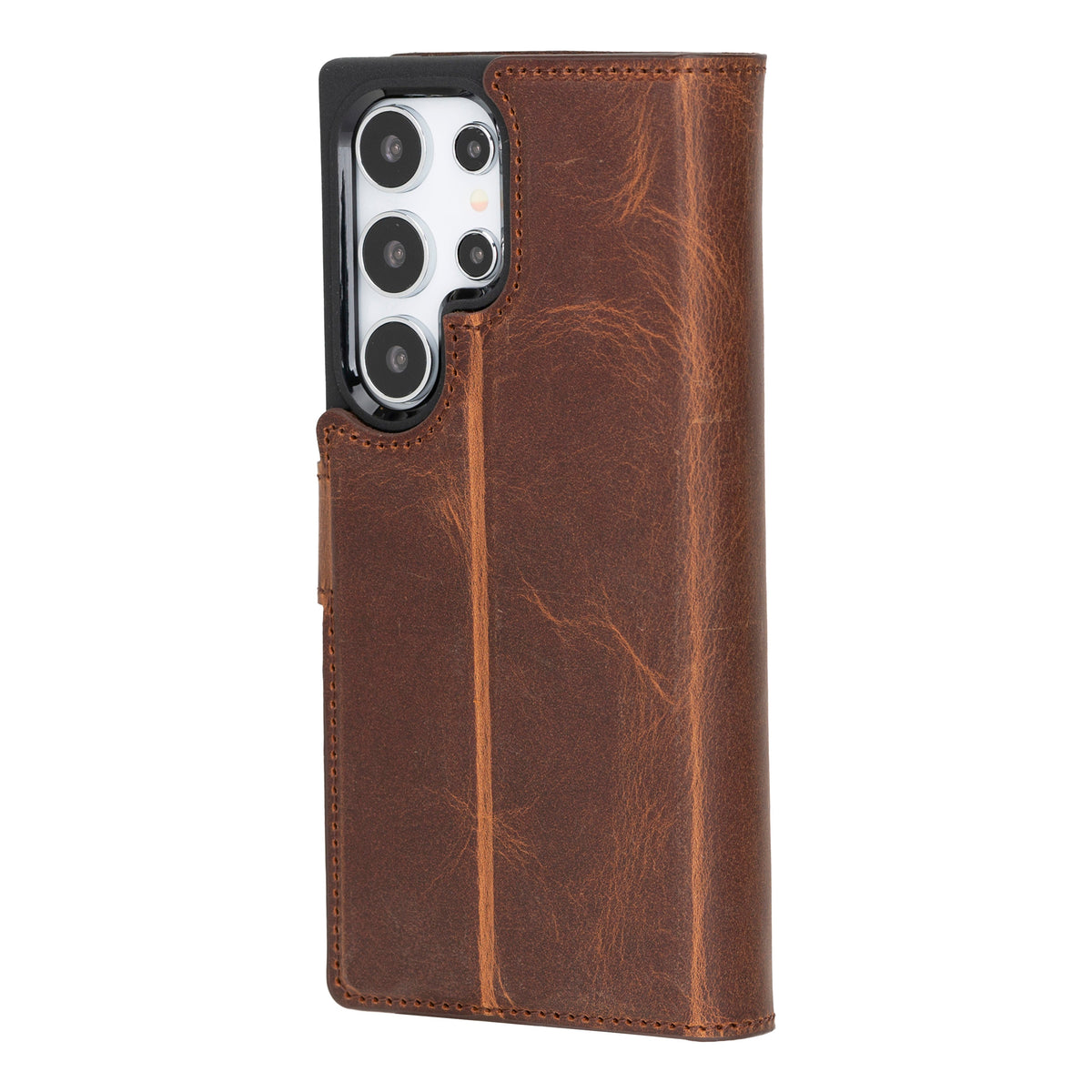 Brown leather phone case with a phone pocket on a white background