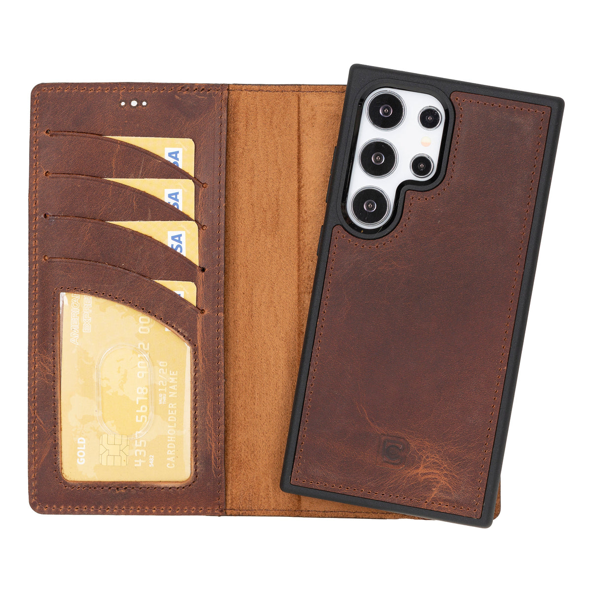 A brown Samsung Galaxy S24 leather wallet case with card holder sections open, displaying multiple card slots and the phone's camera and branding area.