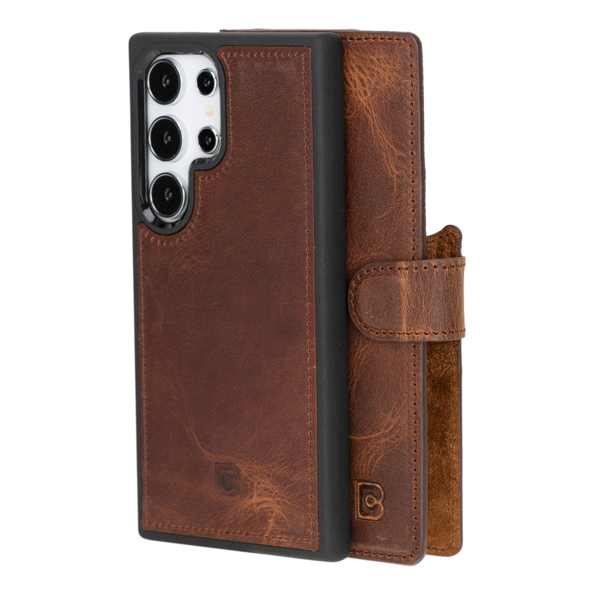 A brown Samsung Galaxy S24 Plus leather wallet case with a detachable section for the phone, showcasing the case's zipper and the brand's logo embossed on the leather.