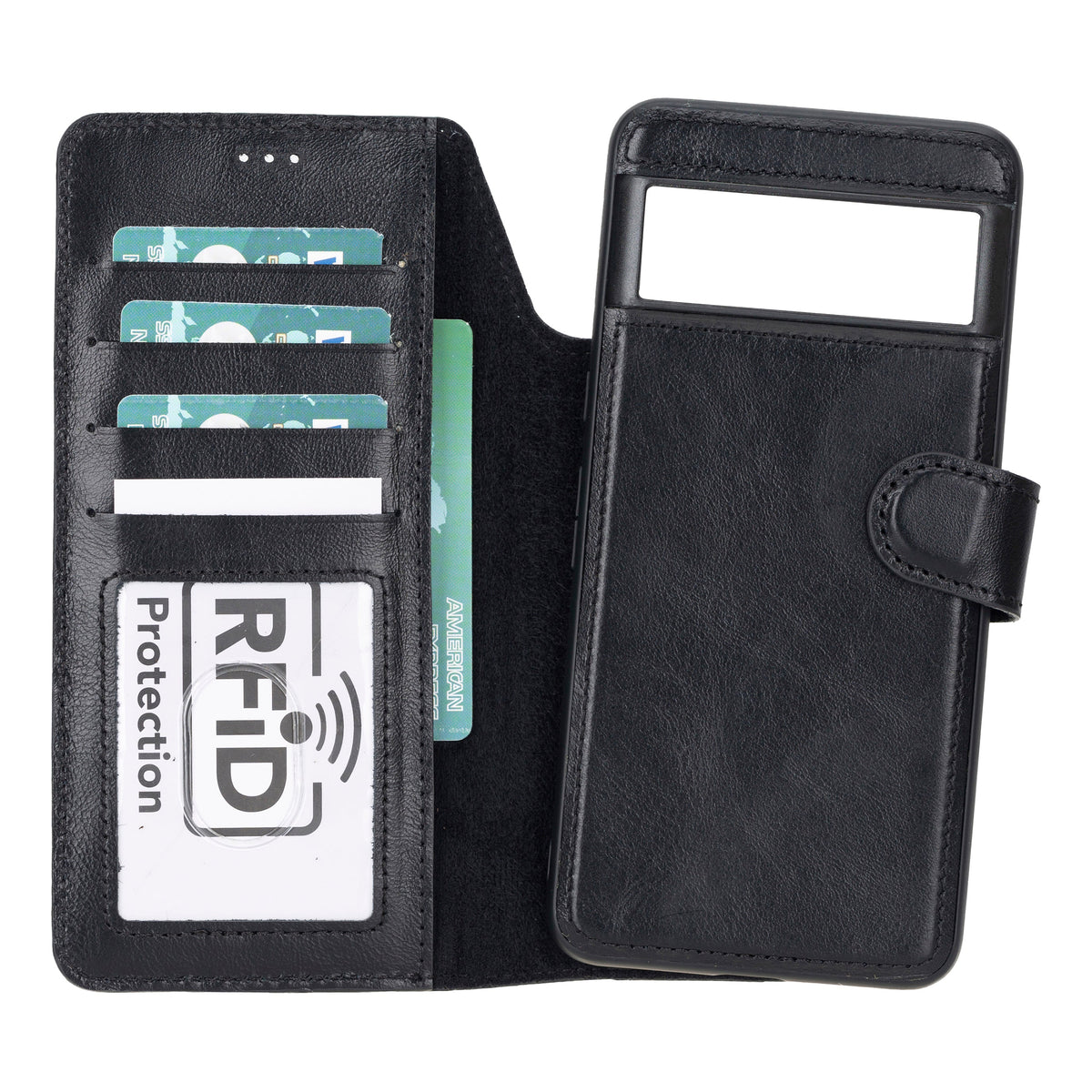 Black phone wallet case with card slots and RFID protection label on a white background