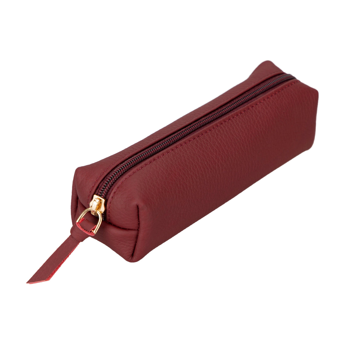 Maroon pencil case with a gold zipper on a white background