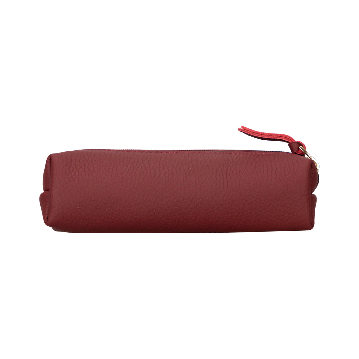 Red cylindrical pouch with a zipper on a white background