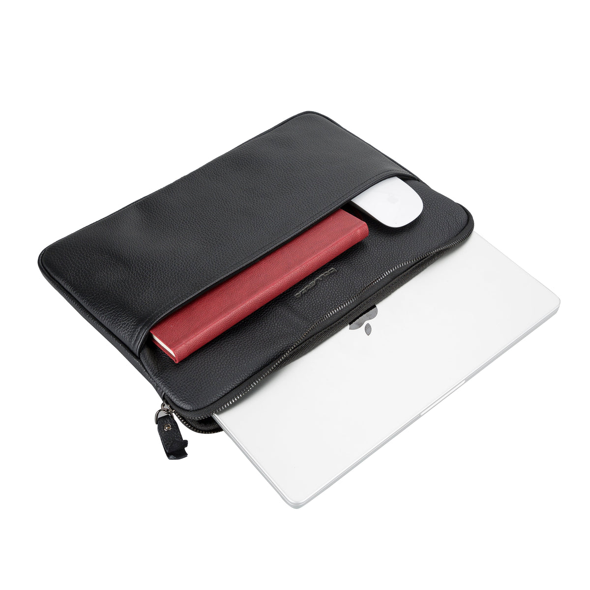 A brown genuine leather laptop/tablet sleeve with a soft suede lining, displayed alongside a white laptop.