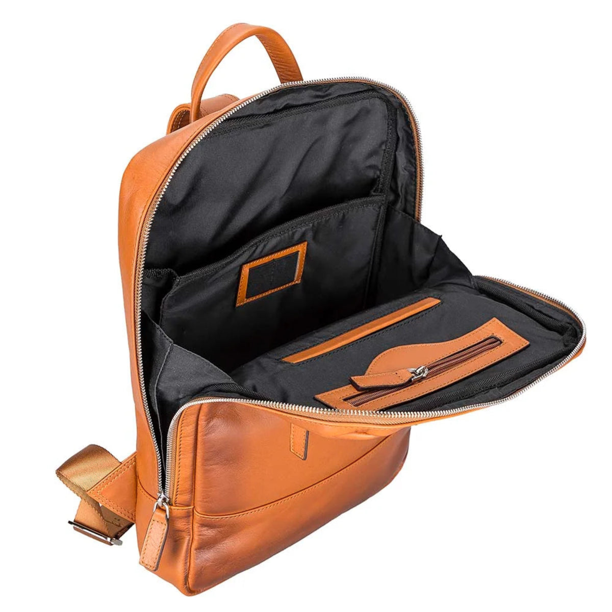 An open tan leather backpack shown from a three-quarters angle, revealing a black interior with multiple zippered compartments, a document pocket, and a top handle on a plain white background.