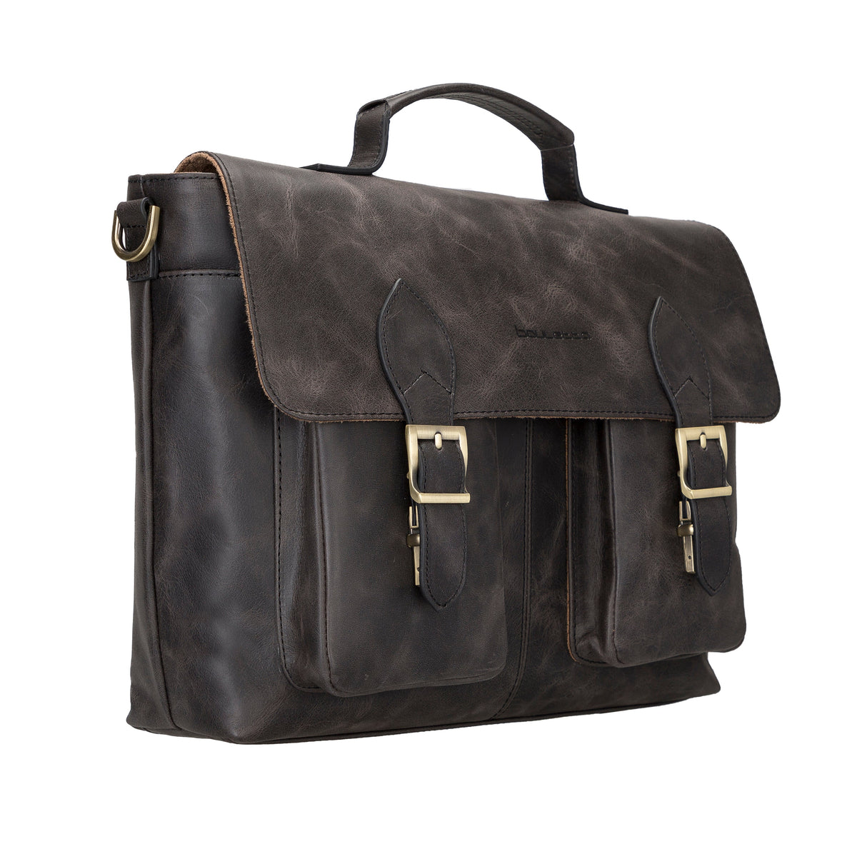 A brown, genuine leather briefcase with a flap closure, side buckles, and front zip pockets. It appears to be designed for carrying laptops and has dedicated slots for electronic devices.