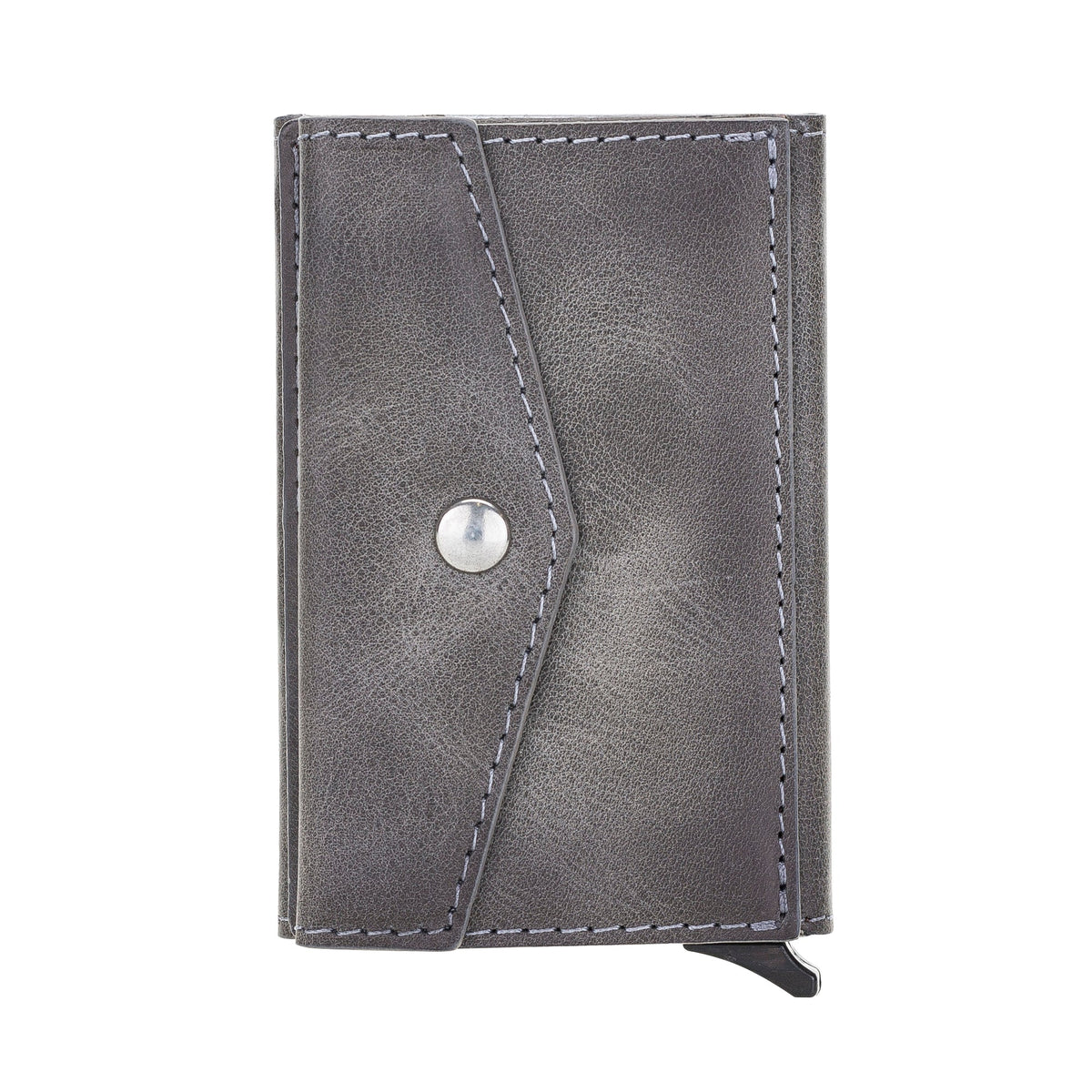 Gray leather wallet with a silver button on a white background