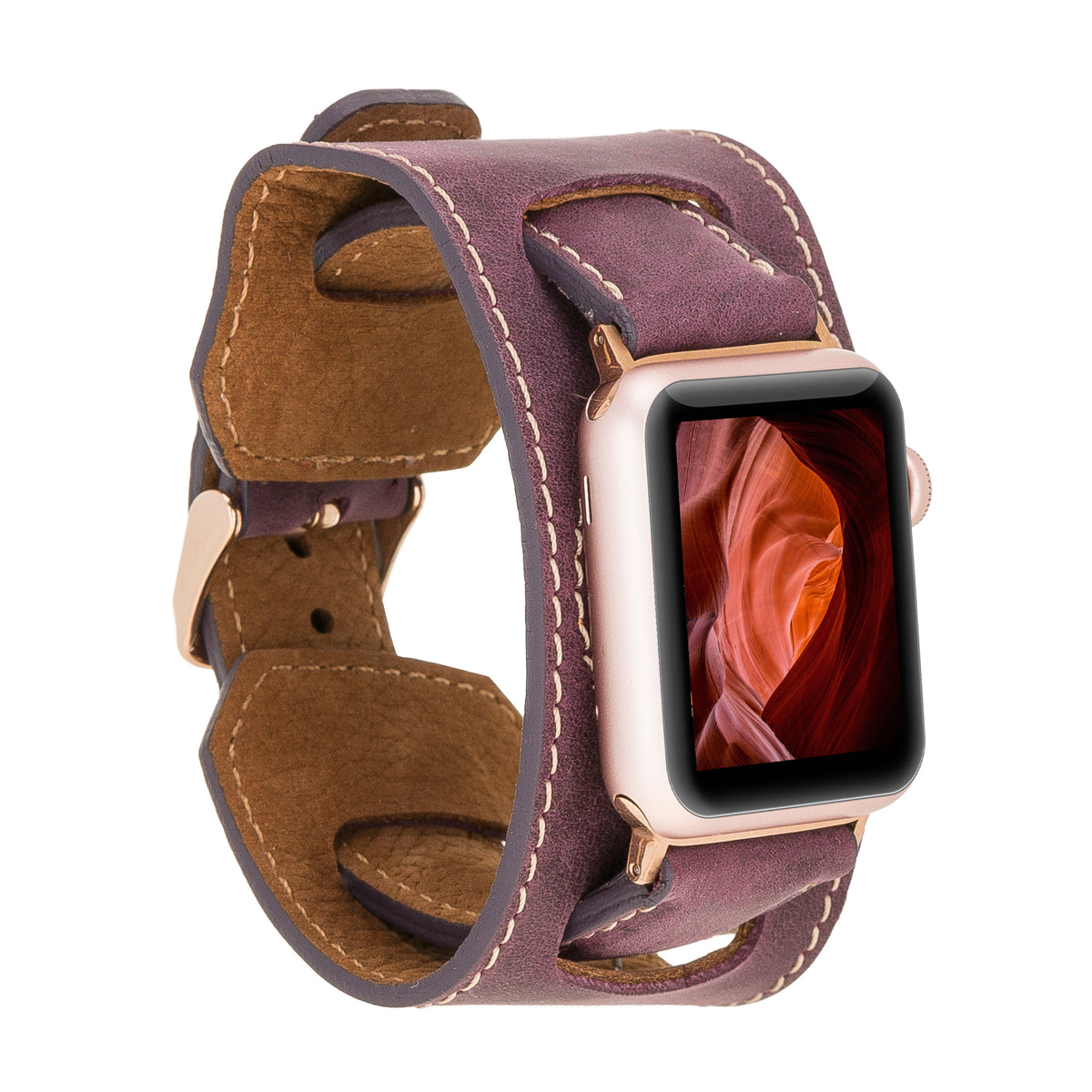 A purple genuine leather cuff watch band for Apple iWatch with a quilted texture and a metallic buckle.