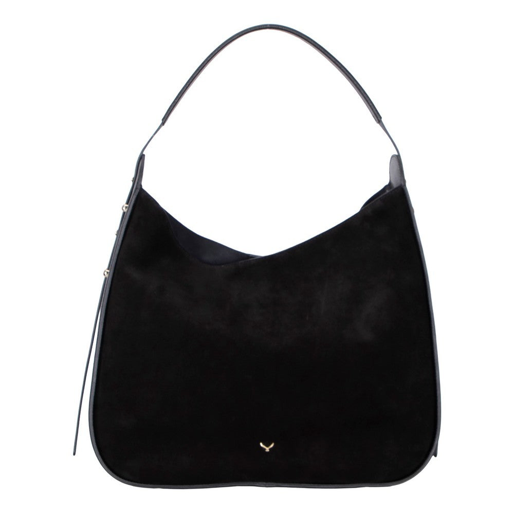 Black suede handbag with a visible brand logo on a white background