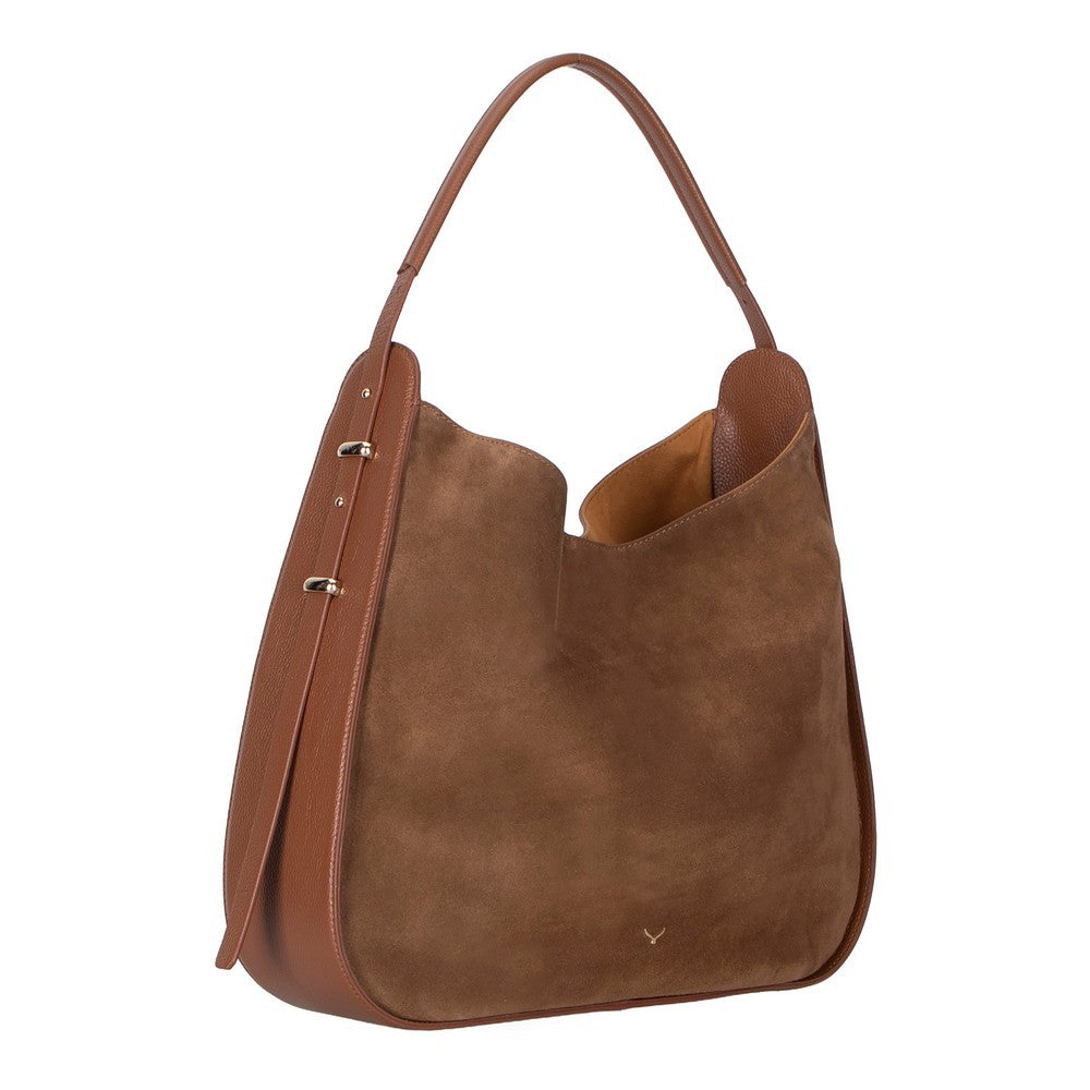 Brown suede handbag on a white background