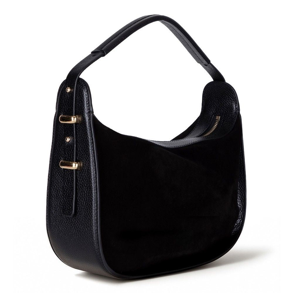 Black handbag with gold accents on a white background