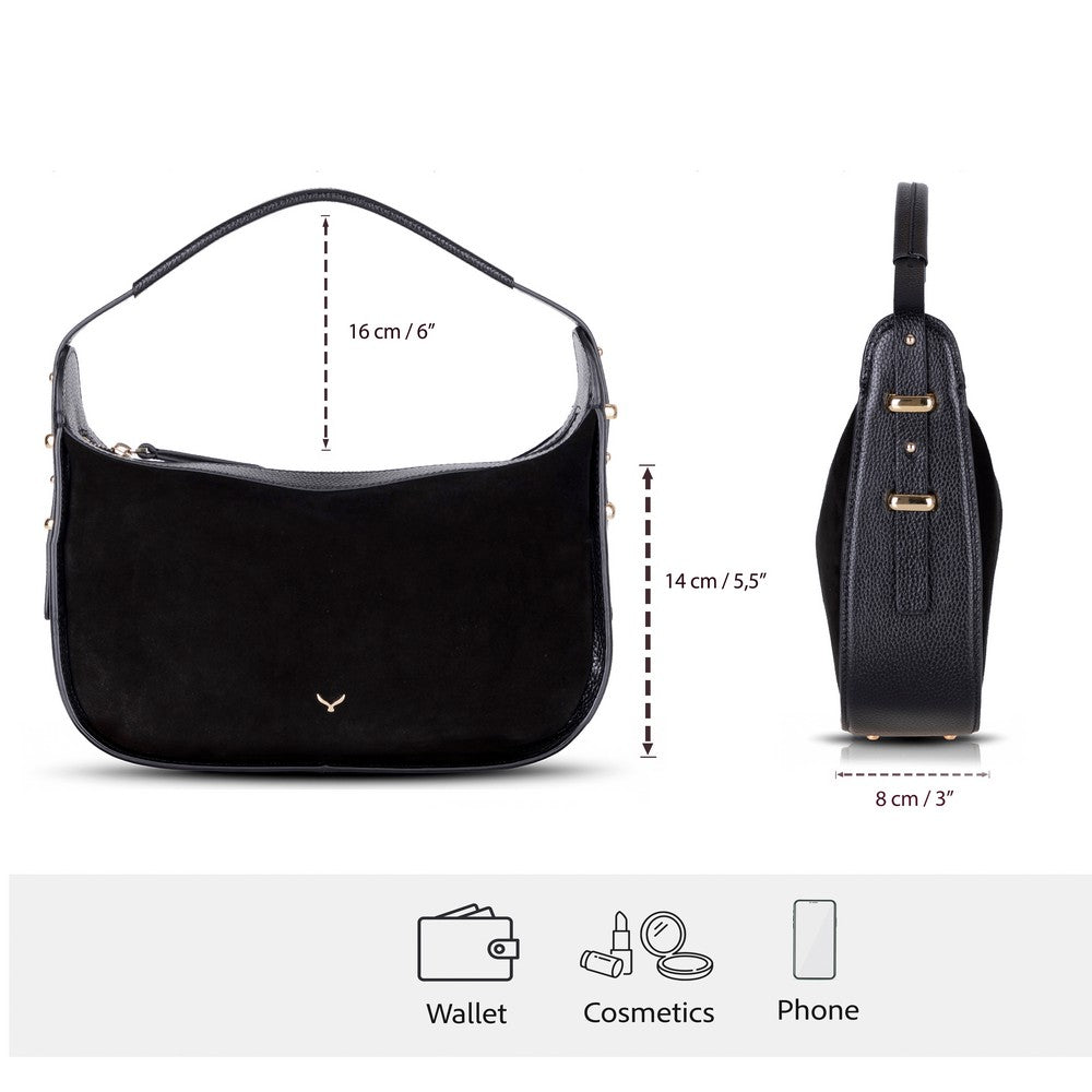 Black handbag with measurements and icons indicating its use for wallet, cosmetics, and phone on a white background.