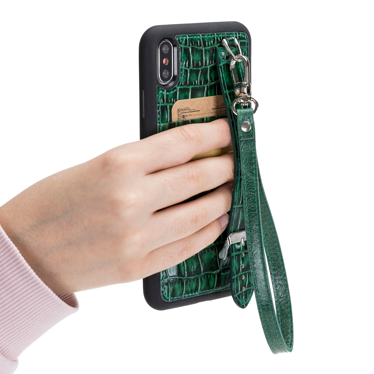 iPhone X Series Genuine Leather Flex Cover Card Holder Back Cover with Hand Strap