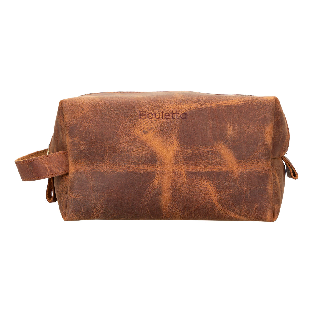 Brown leather toiletry bag with 'Bouletta' branding on a white background