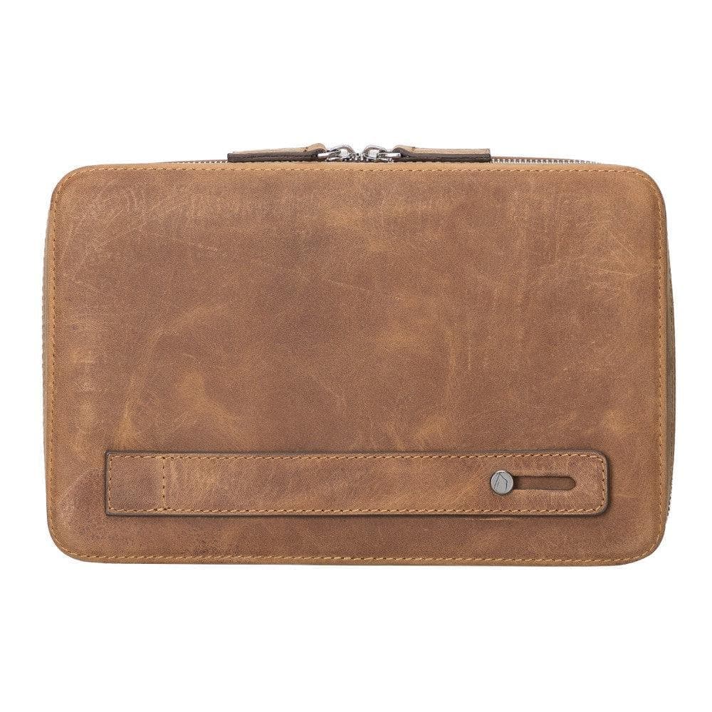 Brown leather clutch bag on a white background