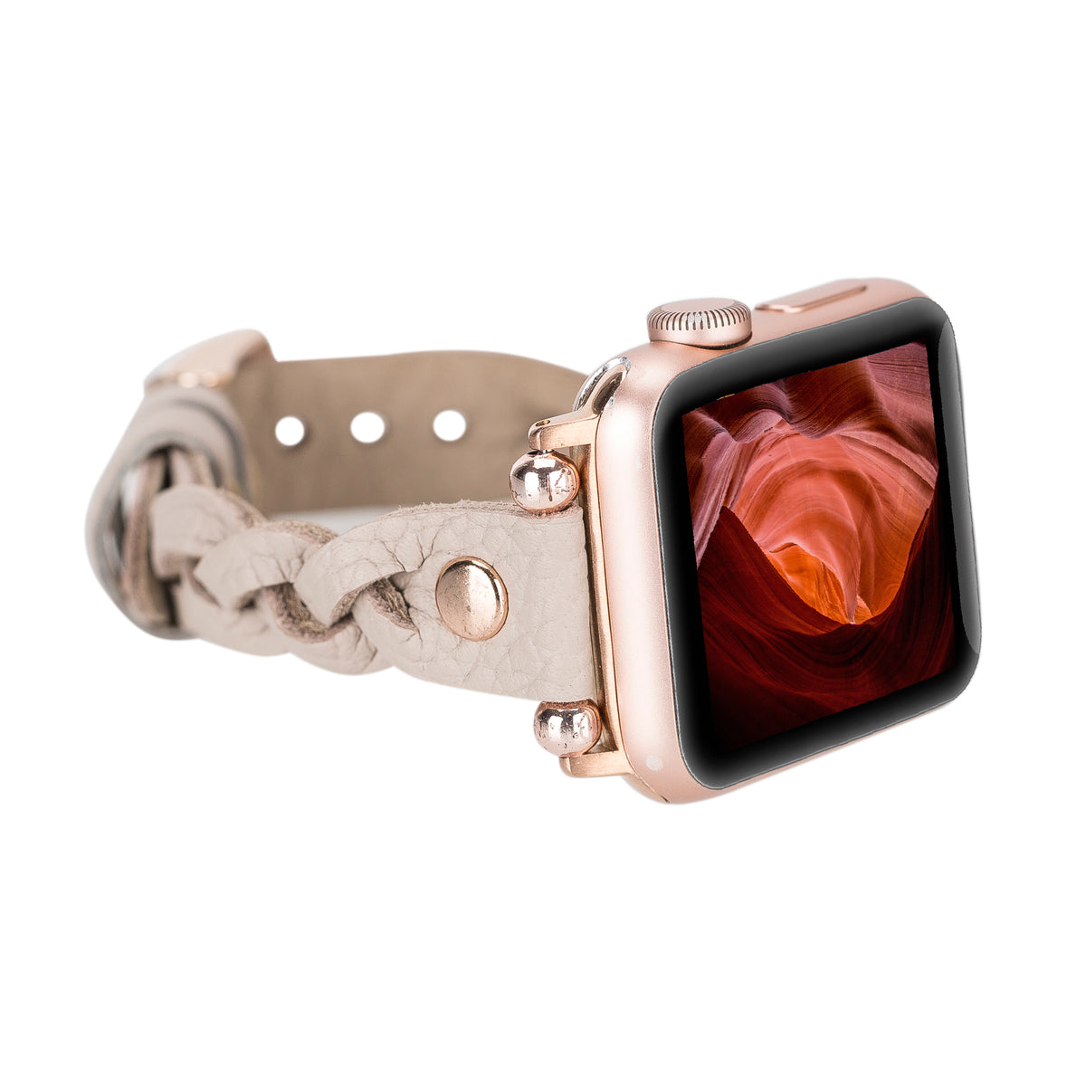 Smartwatch with a braided beige leather strap on a white background