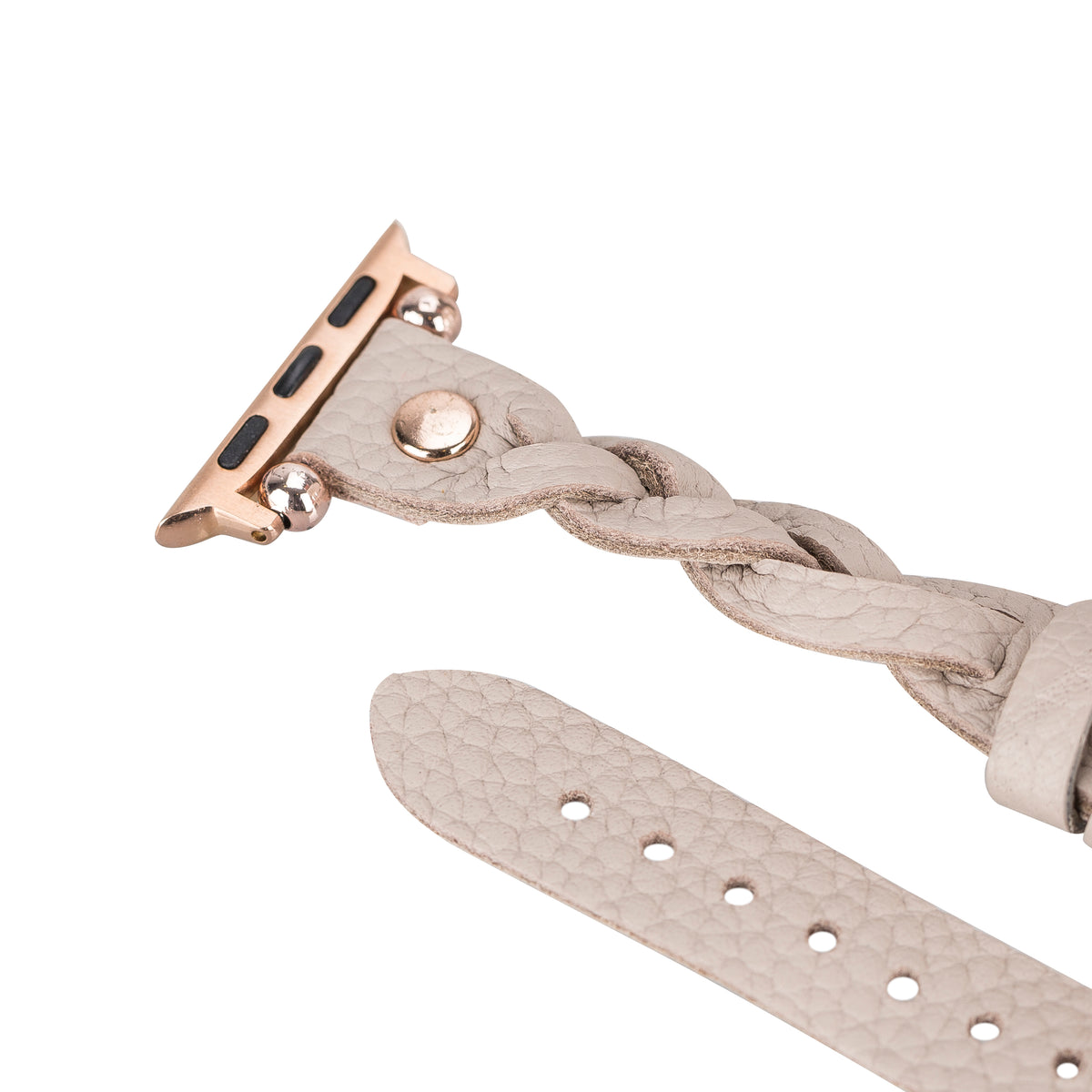 Beige braided watch strap with rose gold clasp on a white background