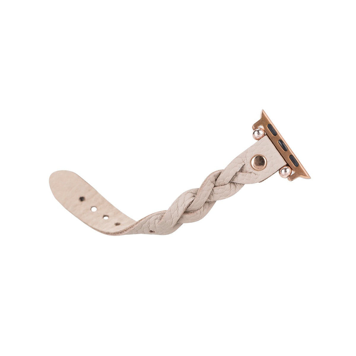 Braided beige leather strap with metal clasp on a white background